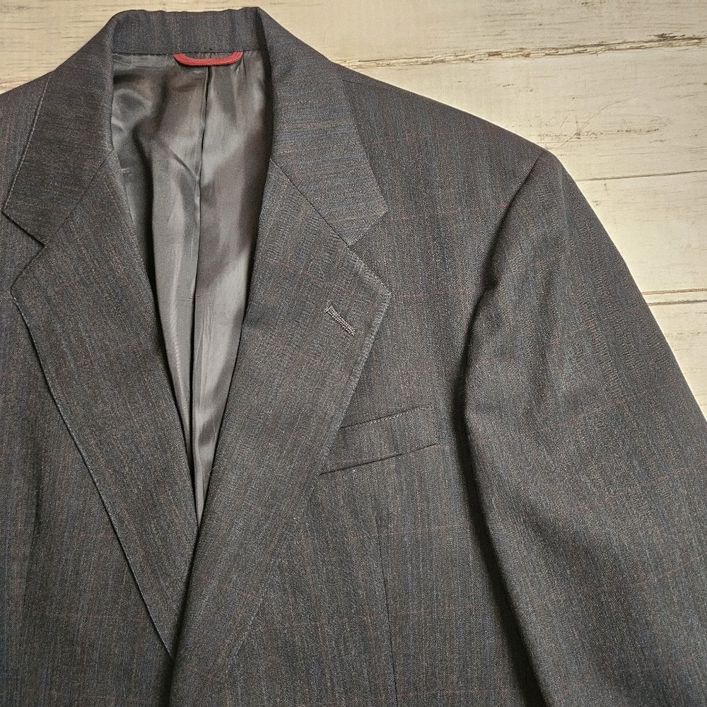 VTG Hart Schaffner Marx Suit Union Made Virgin‎ Wool 42R 35x28 Blue/Red Stripe